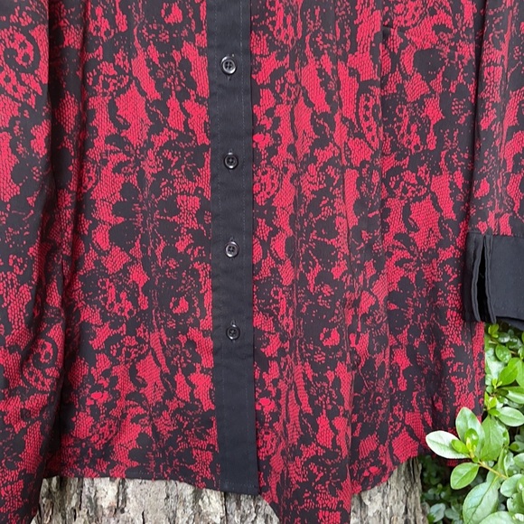 Fred David Woman Black Red Floral Lace Design Button Up Down SS Blouse Cuff 2X - Picture 7 of 13